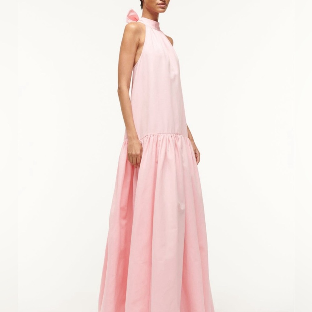 STAUD Marlowe Tiered Poplin Maxi Dress Size S Pearl Pink Bow-Back - Picture 6 of 16